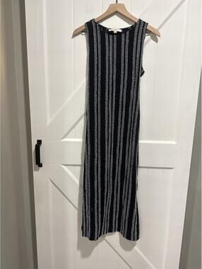 LOFT Sleeveless Navy Blue and White Textured Striped Dress with Tie Back, NWT